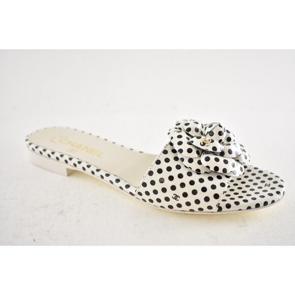 Chanel 24P Black White Camellia Flower Polka Dot CC Logo Mule Slide Sandal 38 - Picture 4 of 15